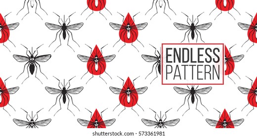 Zika virus malaria alert. Hand drawn blood drop mosquito and big infected mosquito on white background.