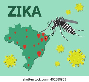Zika virus outbreak's infographics background / mosquito, Brazil map, and virus cartoon for alert disease (Vector Design)