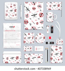 Zika virus set of vector corporate identity template. Modern business stationery mock-up. Zika mosquito backgraund. Aedes Aegypti seamless pattern. Branding identity design with mosquito.