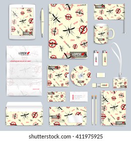 Zika virus set of vector corporate identity template. Modern business stationery mock-up. Zika mosquito backgraund. Aedes Aegypti seamless pattern. Branding identity design with mosquito.