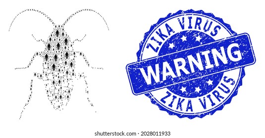 Zika Virus Warning corroded round stamp seal and vector recursive composition damaged cockroach. Blue stamp seal has Zika Virus Warning text inside round shape.