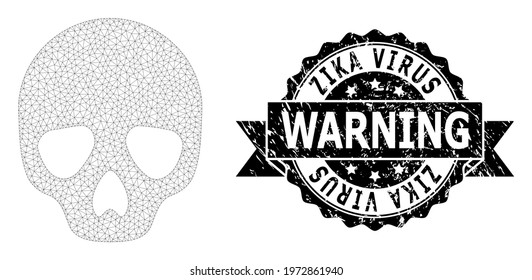 Zika Virus Warning grunge stamp seal and vector skull mesh model. Black seal contains Zika Virus Warning text inside ribbon and rosette. Abstract flat mesh skull, designed with flat mesh.