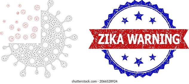 Zika Warning scratched stamp, and synthesis coronavirus icon mesh model. Red and blue bicolored stamp includes Zika Warning tag inside ribbon and rosette. Abstract flat mesh synthesis coronavirus,
