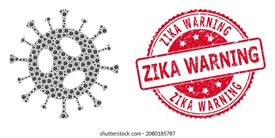 Zika Advertencia texturizado estampado redondo y mosaico de recursión vectorial 2019-ncov virus. El sello rojo tiene el texto de advertencia del Zika dentro. El mosaico vectorial está hecho de pictogramas dispersos del virus 2019-ncov.