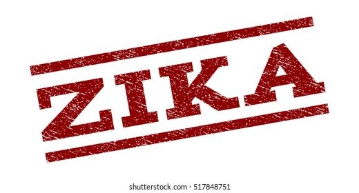 Zika watermark stamp. Text tag between parallel lines with grunge design style. Rubber seal stamp with scratched texture. Vector dark red color ink imprint on a white background.