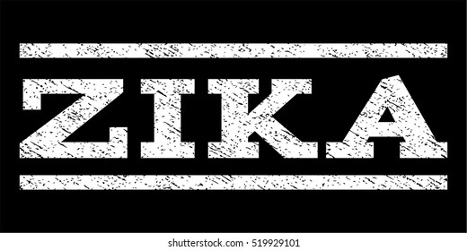 Zika watermark stamp. Text tag between horizontal parallel lines with grunge design style. Rubber seal stamp with unclean texture. Vector white color ink imprint on a black background.