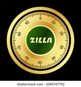 Zilla (ZLA) cryptocurrency safe lock. Eps10 vector illustration isolated on black background.