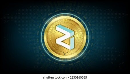Moneda de oro de la moneda de Zilliqa. Divisa digital en el mercado de valores de la cadena de bloques. Monedas criptográficas en el vector de fondo azul EPS10.