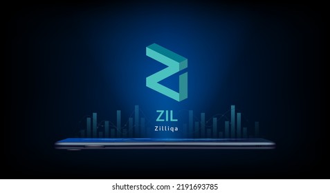 El símbolo (token) de la moneda criptográfica de Zilliqa sale de un smartphone. Icono de moneda en fondo oscuro. Comercialización de criptodivisa en el mercado de valores a solicitud. Para sitio web o banner. Ilustrador de vectores.