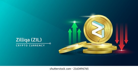 Zilliqa token cryptocurrency banner. Future currency on blockchain stock market with red-green arrows up and down. Gold coins crypto currencies. Banner for news on a solid background. 3D Vector.