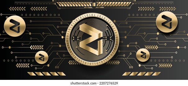 Zilliqa ZIL cryptocurrency golden coin on futuristic technology background vector illustration banner and wallpaper template 