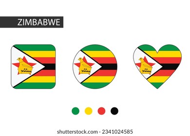 Zimbabwe 3 shapes (square, circle, heart) with city flag. Isolated on white background.