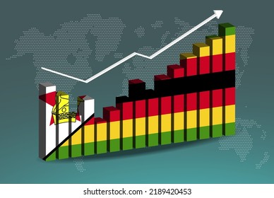 Zimbabwe 3D bar chart graph with ups and downs, increasing values, Zimbabwe country flag on 3D bar graph, upward rising arrow on data, news banner idea, developing country concept