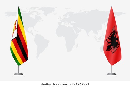 Las banderas de Zimbabue y Albania para la reunión oficial en el contexto del mapa mundial.