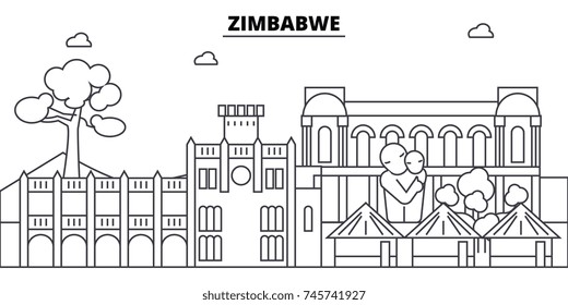 Zimbabwe architecture skyline buildings, silhouette, outline landscape, landmarks. Editable strokes. Urban skyline illustration. Flat design vector, line concept