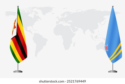 Zimbabwe and Aruba flags for official meeting against background of world map.