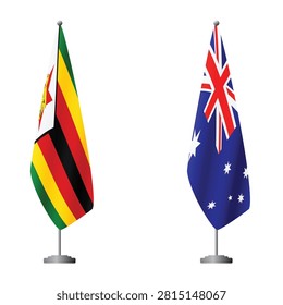 Zimbabwe and Australia flags on flagpoles for official ceremonies and meetings, transparent background vector
