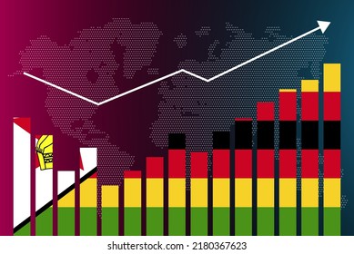 Zimbabwe bar chart graph with ups and downs, increasing values, Zimbabwe country flag on bar graph, upward rising arrow on data, news banner idea, developing country concept