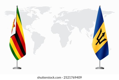 Bandeiras do Zimbábue e de Barbados para reunião oficial frente ao mapa do mundo.