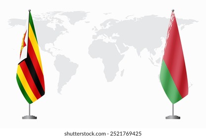 Zimbabwe and Belarusian flags for official meeting against background of world map.