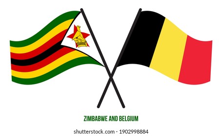 Zimbabwe and Belgium Flags Crossed And Waving Flat Style. Official Proportion. Correct Colors.