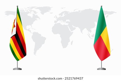 Flaggen Simbabwes und Benins für offizielle Treffen vor dem Hintergrund der Weltkarte.