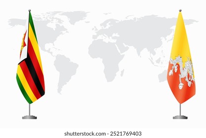 Zimbabwe and Bhutan flags for official meeting against background of world map.
