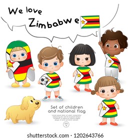 Zimbabwe : Boys and girls holding flag and wearing shirts with national flag print : Vector Illustration