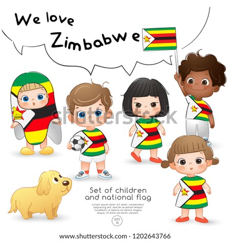 Zimbabwe : Boys and girls holding flag and wearing shirts with national flag print : Vector Illustration