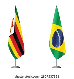 Zimbabwe and Brazil flags on flagpoles for official ceremonies and meetings, transparent background vector