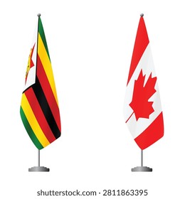 Zimbabwe and Canada flags on flagpoles for official ceremonies and meetings, transparent background vector