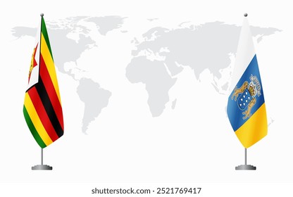 Bandeiras do Zimbábue e das Ilhas Canárias para reunião oficial em segundo plano no mapa do mundo.