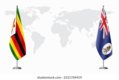 Zimbabwe and Cayman Islands flags for official meeting against background of world map.