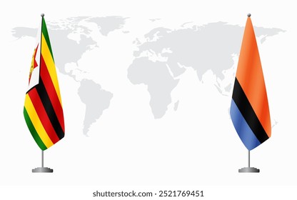 Banderas de Zimbabue y las Islas Chagos para reunión oficial con el fondo del mapa mundial.
