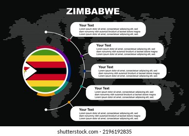 infografía de circulo de Zimbabue con espacios de texto informativos, fondo negro con mapa del mundo, bandera del país circundante de Zimbabue, idea gráfica de presentación, información y plantilla de datos para los países