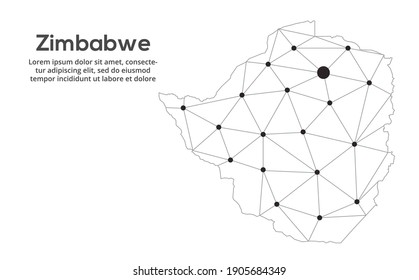 Mapa de la red de comunicaciones de Zimbabue. Imagen de un mapa global con luces en forma de ciudades. Mapa en forma de constelación, silencio y estrellas.