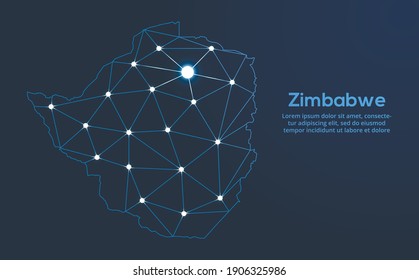 Zimbabwe communication network map. Vector low poly image of a global map with lights in the form of cities. Map in the form of a constellation, mute and stars.