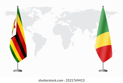 Zimbabwe and Congo Brazzaville flags for official meeting against background of world map.