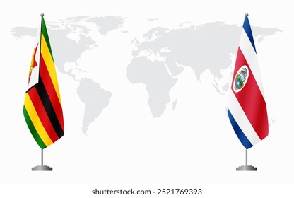 Zimbabwe and Costa Rica flags for official meeting against background of world map.