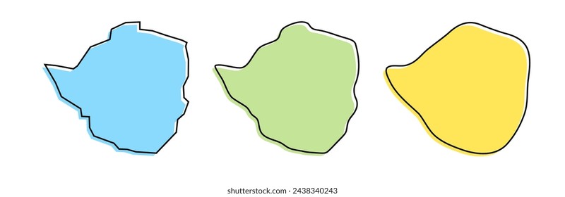 Zimbabwe country black outline and colored country silhouettes in three different levels of smoothness. Simplified maps. Vector icons isolated on white background.