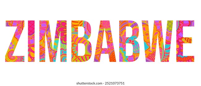 Zimbabwe country creative text design filled with colorful doodle pattern	