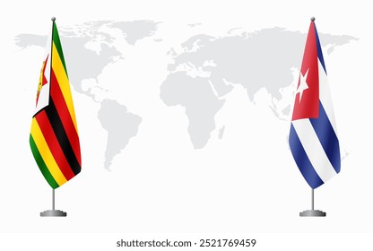 Zimbabwe and Cuba flags for official meeting against background of world map.