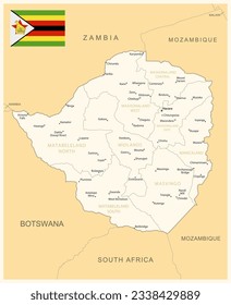 Zimbabwe - detailed map with administrative divisions and country flag. Vector illustration