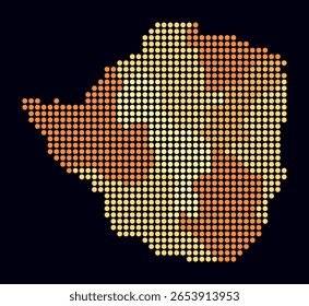 Mapa pontilhado do Zimbabwe. Mapa de estilo digital do país sobre fundo escuro. Forma de Zimbábue com pontos circulares. Estilo de pontos coloridos. Círculos grandes. Ilustração de vetor vibrante.