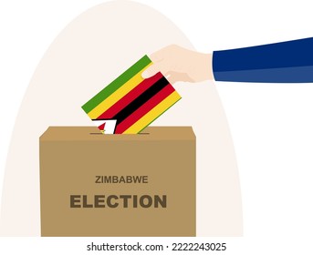 Zimbabwe election and vote concept, political selection, man hand and ballot box, democracy and human rights idea, election day, vector asset with Zimbabwe flag