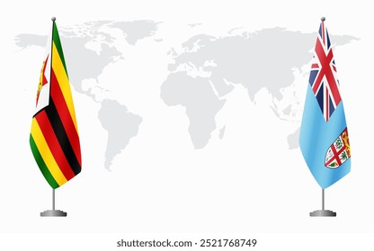 Banderas de Zimbabue y Fiyi para la reunión oficial con el fondo del mapa mundial.