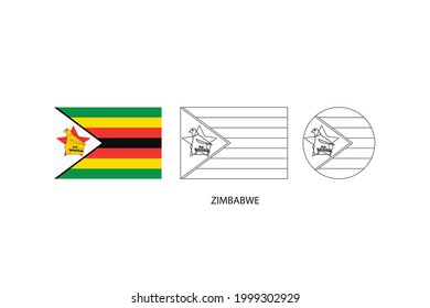 Zimbabwe flag 3 versions, Vector illustration, Thin black line of rectangle and the circle on white background.