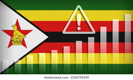 Zimbabwe flag with burlap texture, warning sign, and rising bar chart symbolizing increasing risk or growth challenges in the country. Ideal for data presentations.