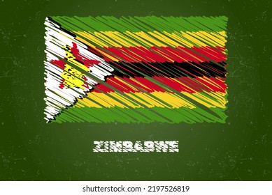 Zimbabwe flag with chalk effect on green chalkboard, hand drawing country flag concept, green blackboard with Zimbabwe flag, chalk texture, flag for kids, classroom material