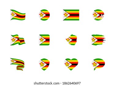 Zimbabwe flag - flat collection. Flags of different shaped twelve flat icons. Vector illustration set